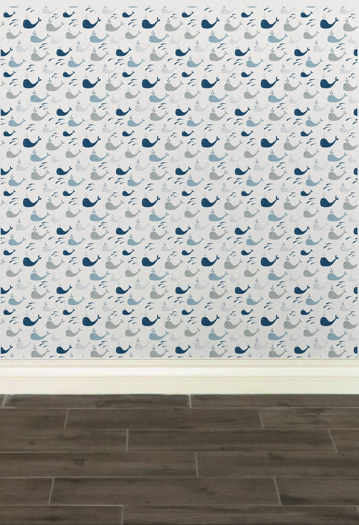 White and Blue Whales Nautical Peel and Stick Wallpaper