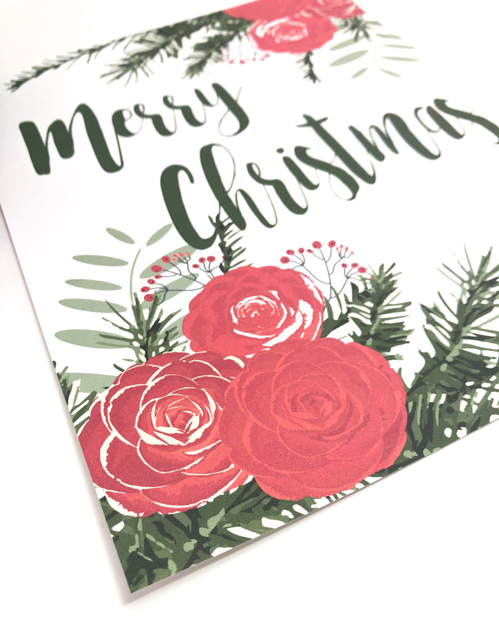 Merry Christmas Red Posies Holiday Art Print - Clearance Item