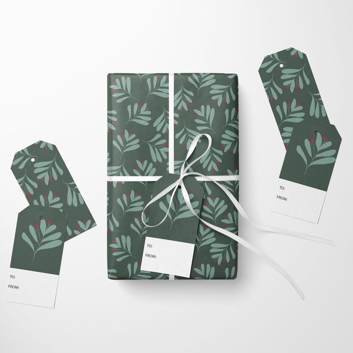Christmas Green Mistletoe Wrapping Paper & Gift Tag Bundle Set