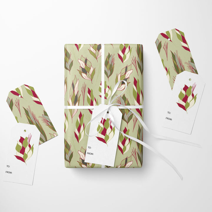 Green Christmas Pinecones Wrapping Paper & Gift Tag Bundle Set