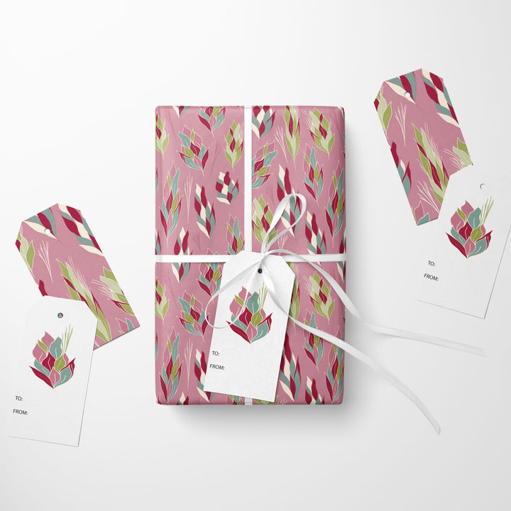 Pink Christmas Pinecones Wrapping Paper & Gift Tag Bundle Set