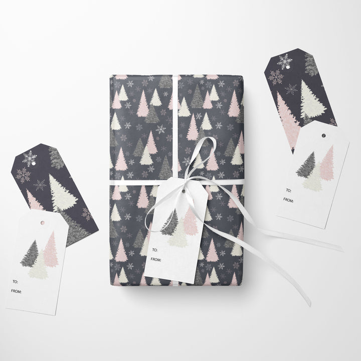 Snowflake Trees in Midnight Blue & Pink Wrapping Paper & Gift Tag Bundle Set