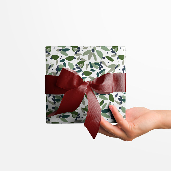 Christmas Berry Leaves in Green Wrapping Paper