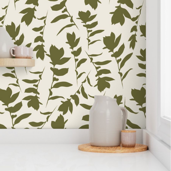 Cream & Green Carla's Leaves Peel and Stick Wallpaper