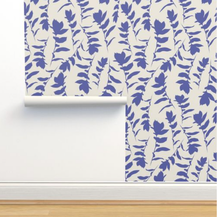Cream & Lapis Blue Carla's Leaves Peel and Stick Wallpaper