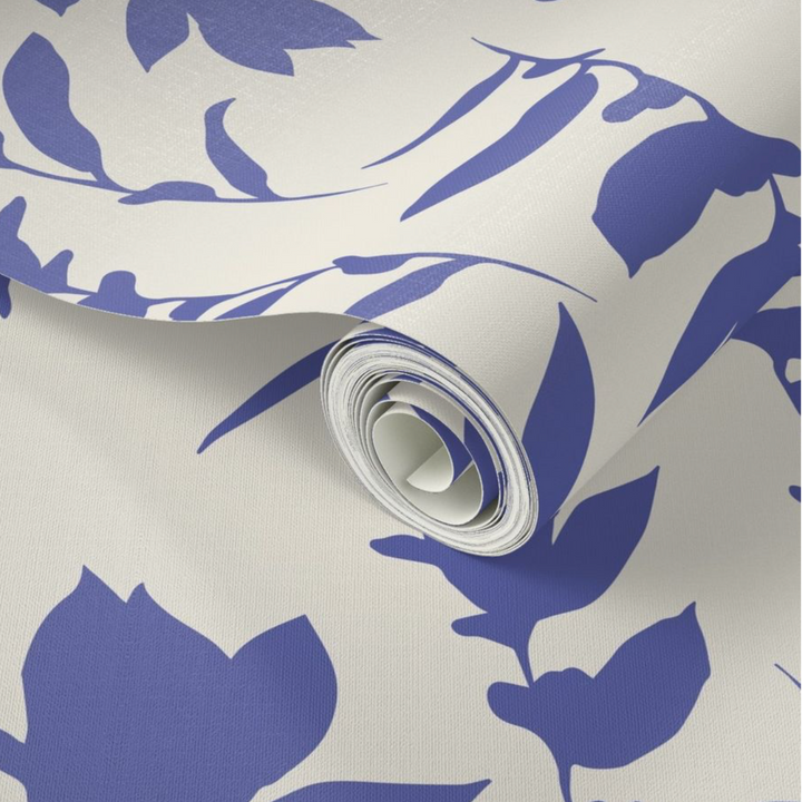 Cream & Lapis Blue Carla's Leaves Peel and Stick Wallpaper