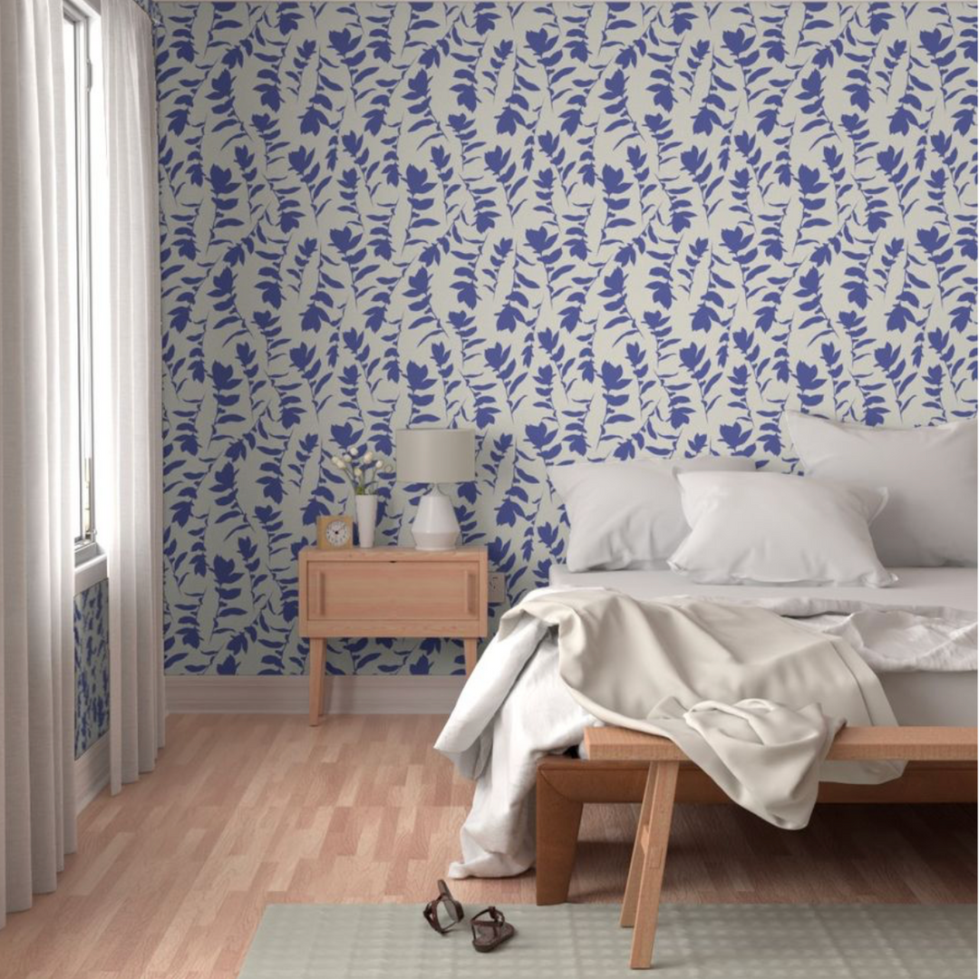Cream & Lapis Blue Carla's Leaves Peel and Stick Wallpaper