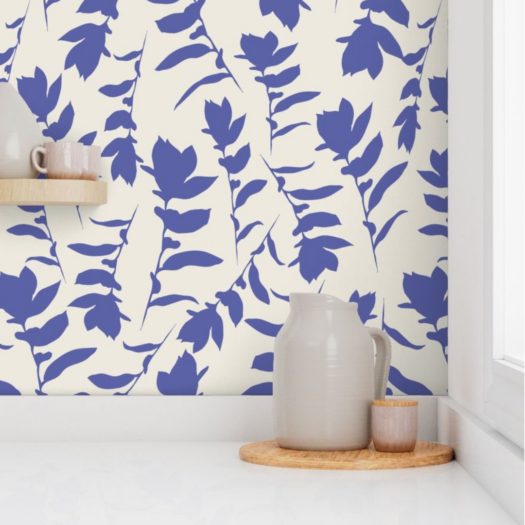 Cream & Lapis Blue Carla's Leaves Peel and Stick Wallpaper