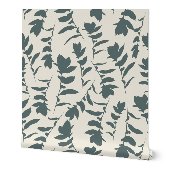 Cream & Teal Gray Carla's Leave Peel and Stick Wallpaper