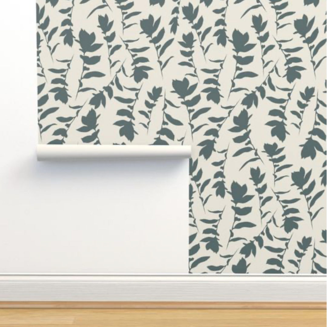 Cream & Teal Gray Carla's Leave Peel and Stick Wallpaper