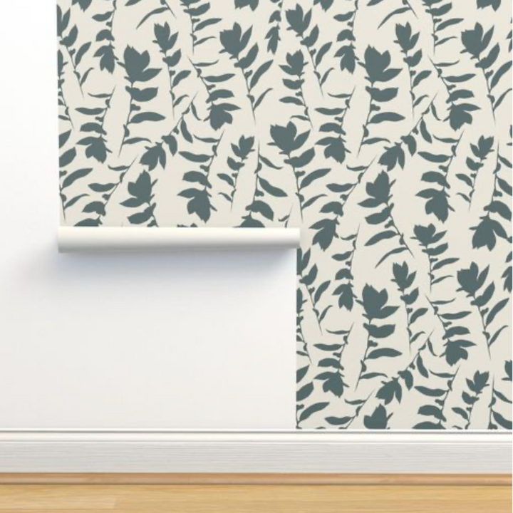 Cream & Teal Gray Carla's Leave Peel and Stick Wallpaper
