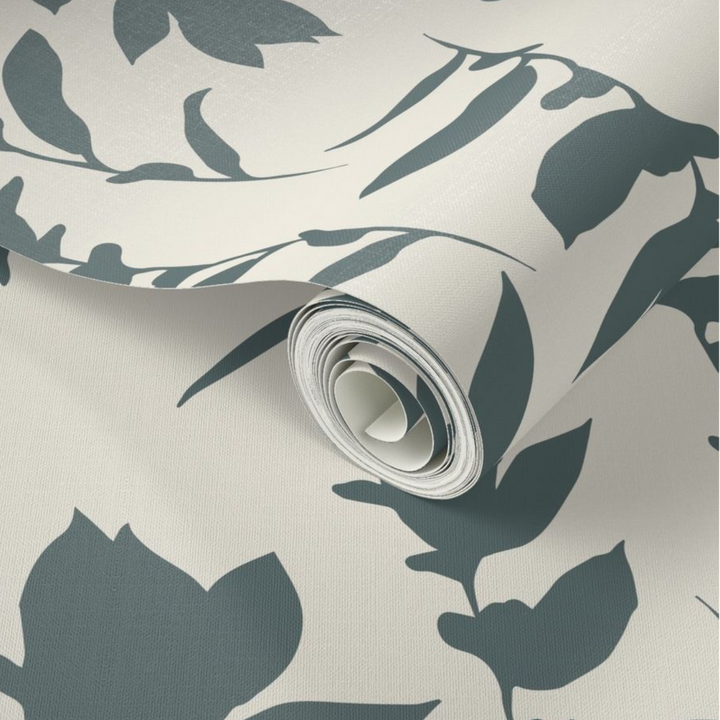 Cream & Teal Gray Carla's Leave Peel and Stick Wallpaper