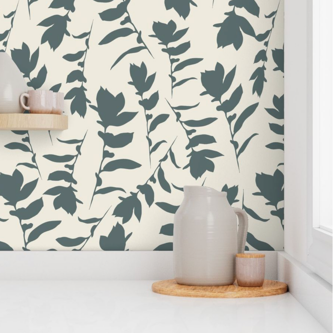 Cream & Teal Gray Carla's Leave Peel and Stick Wallpaper