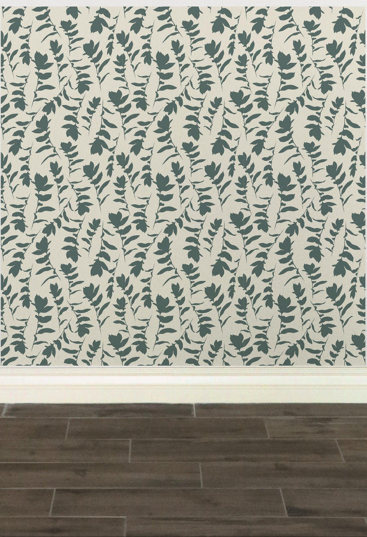 Cream & Teal Gray Carla's Leave Peel and Stick Wallpaper