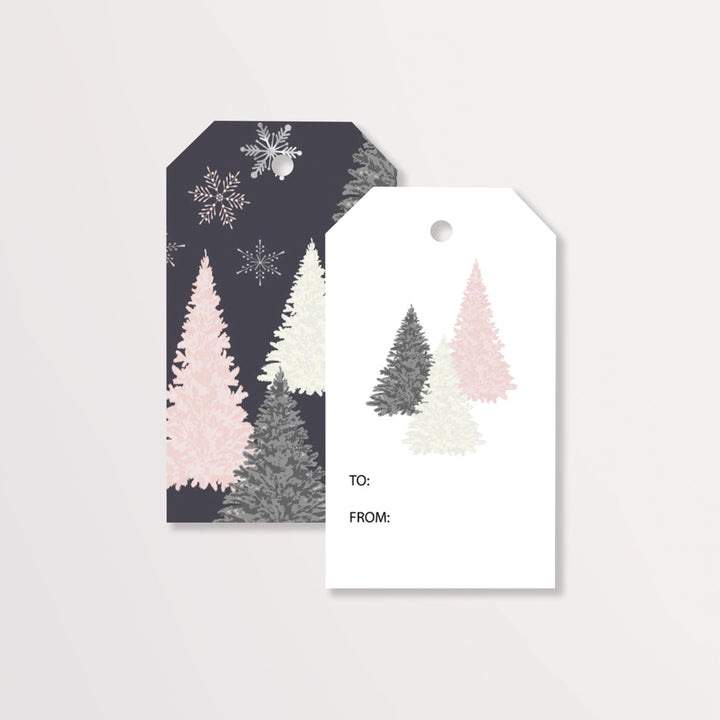 Snowflake Trees in Midnight Blue & Pink Wrapping Paper & Gift Tag Bundle Set