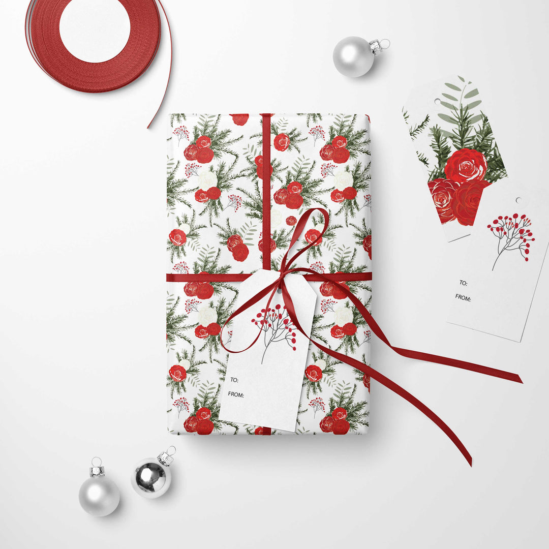 Christmas Red Posies Holiday Gift Wrap & Gift Tag Set