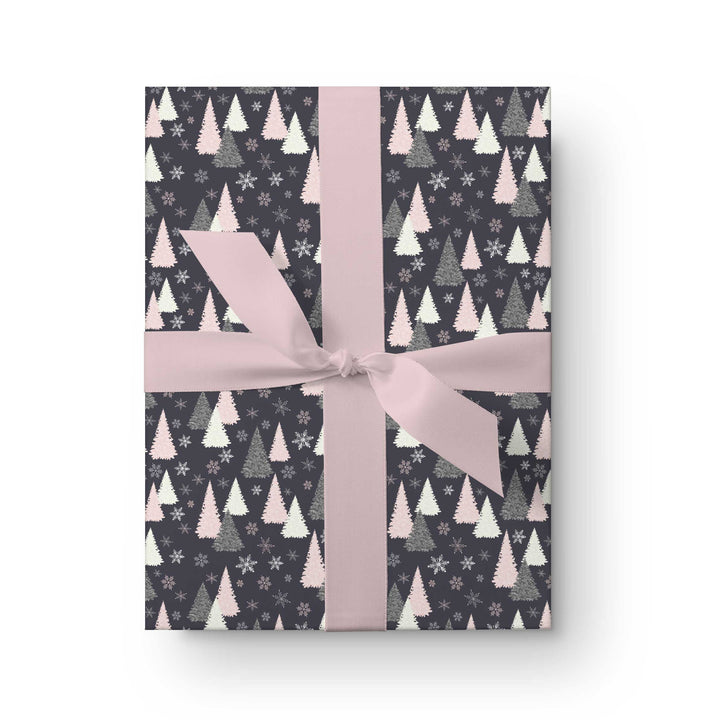 Snowflake Trees In Pink and Dark Navy Christmas Wrapping Paper