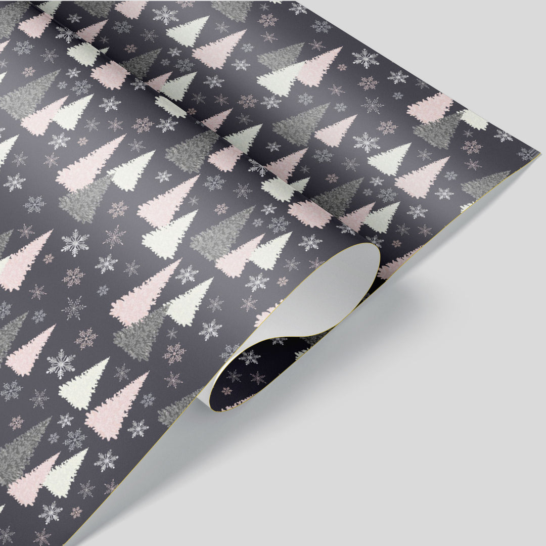 Snowflake Trees In Pink and Dark Navy Christmas Wrapping Paper