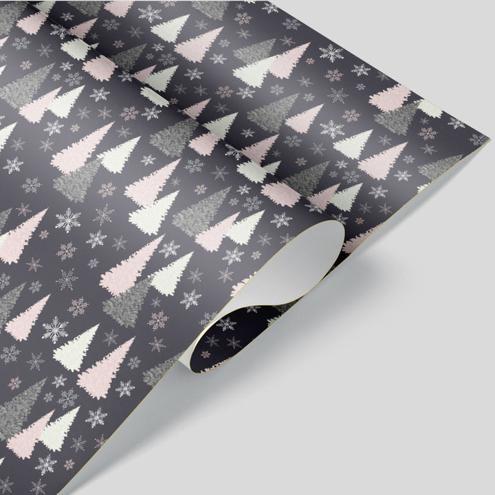 Snowflake Trees In Pink and Dark Navy Christmas Wrapping Paper