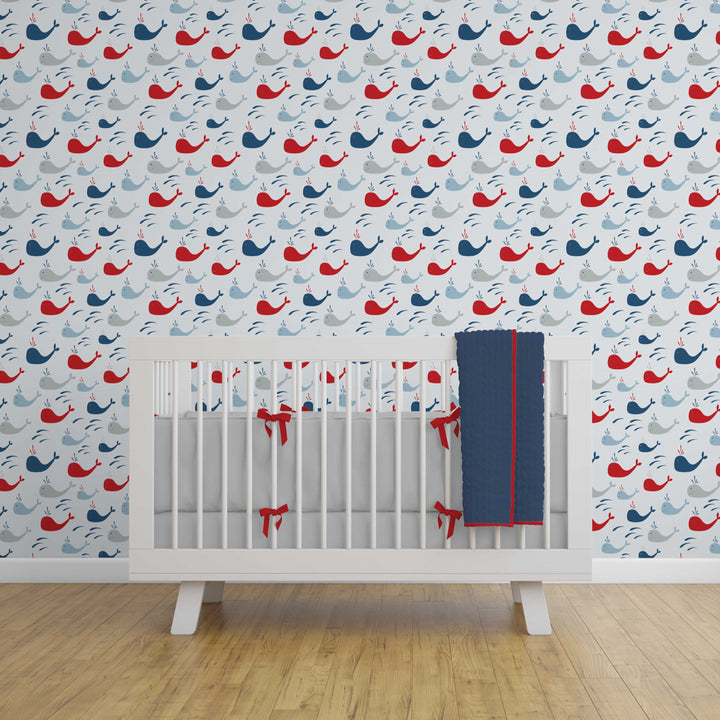 Blue and Red Whales Nautical Peel and Stick Wallpaper