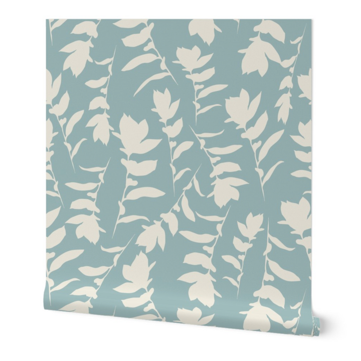 Sea Blue & Cream Carla's Leaves Peel and Stick Wallpaper