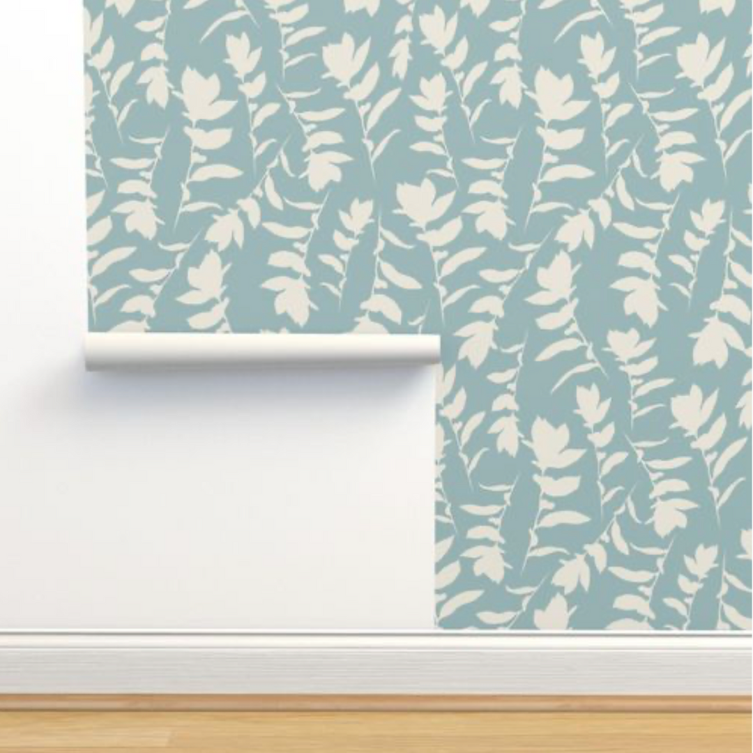 Sea Blue & Cream Carla's Leaves Peel and Stick Wallpaper