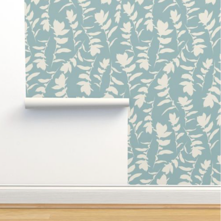 Sea Blue & Cream Carla's Leaves Peel and Stick Wallpaper