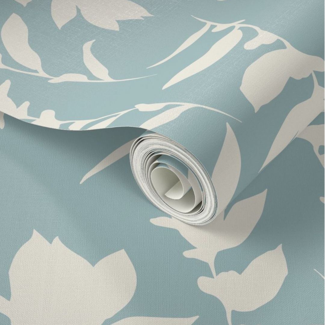 Sea Blue & Cream Carla's Leaves Peel and Stick Wallpaper