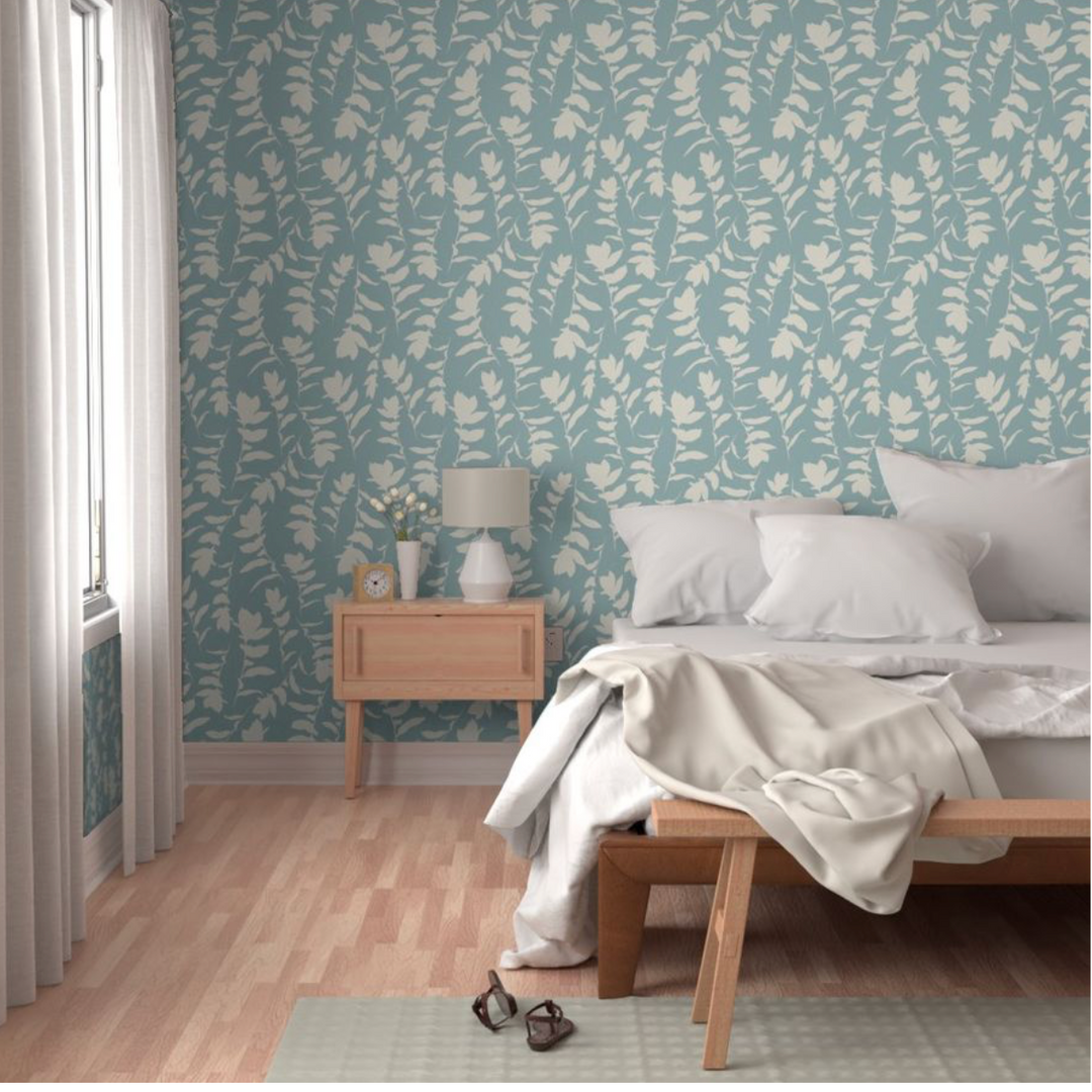 Sea Blue & Cream Carla's Leaves Peel and Stick Wallpaper