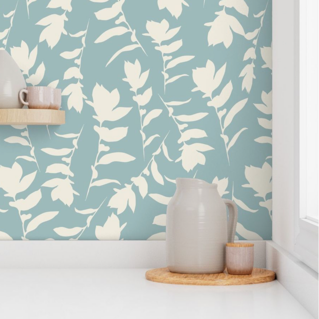Sea Blue & Cream Carla's Leaves Peel and Stick Wallpaper