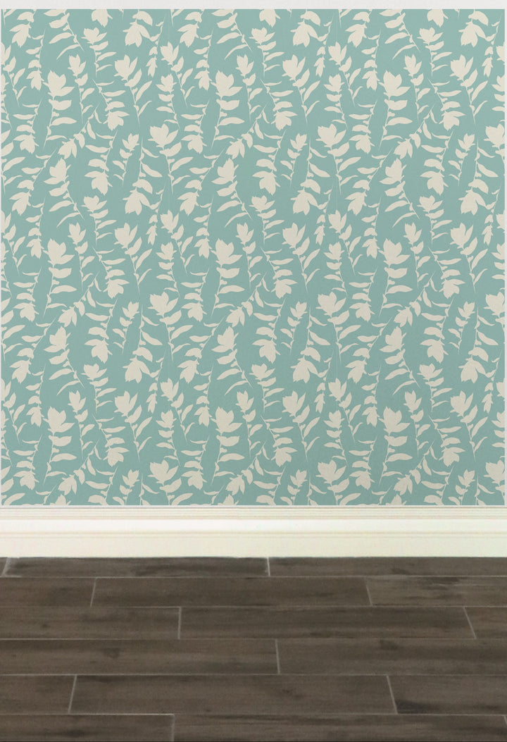 Sea Blue & Cream Carla's Leaves Peel and Stick Wallpaper