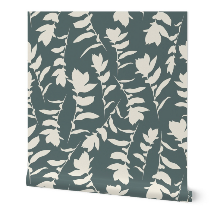 Teal Gray & Cream Carla's Leaves Peel and Stick Wallpaper