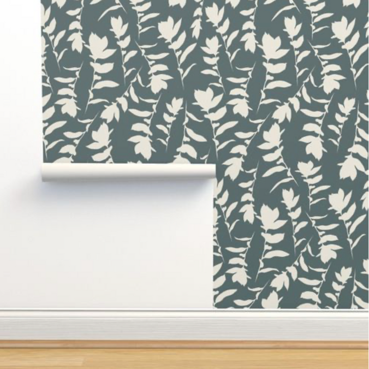 Teal Gray & Cream Carla's Leaves Peel and Stick Wallpaper