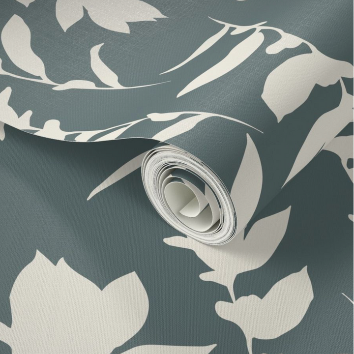 Teal Gray & Cream Carla's Leaves Peel and Stick Wallpaper