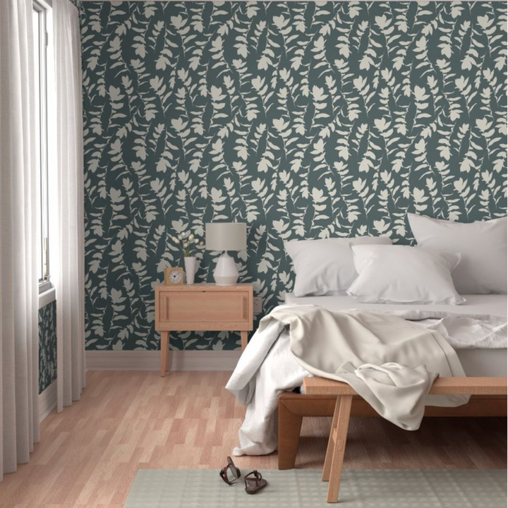 Teal Gray & Cream Carla's Leaves Peel and Stick Wallpaper