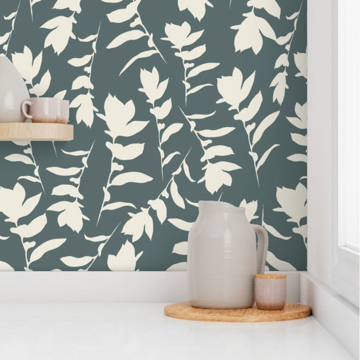 Teal Gray & Cream Carla's Leaves Peel and Stick Wallpaper