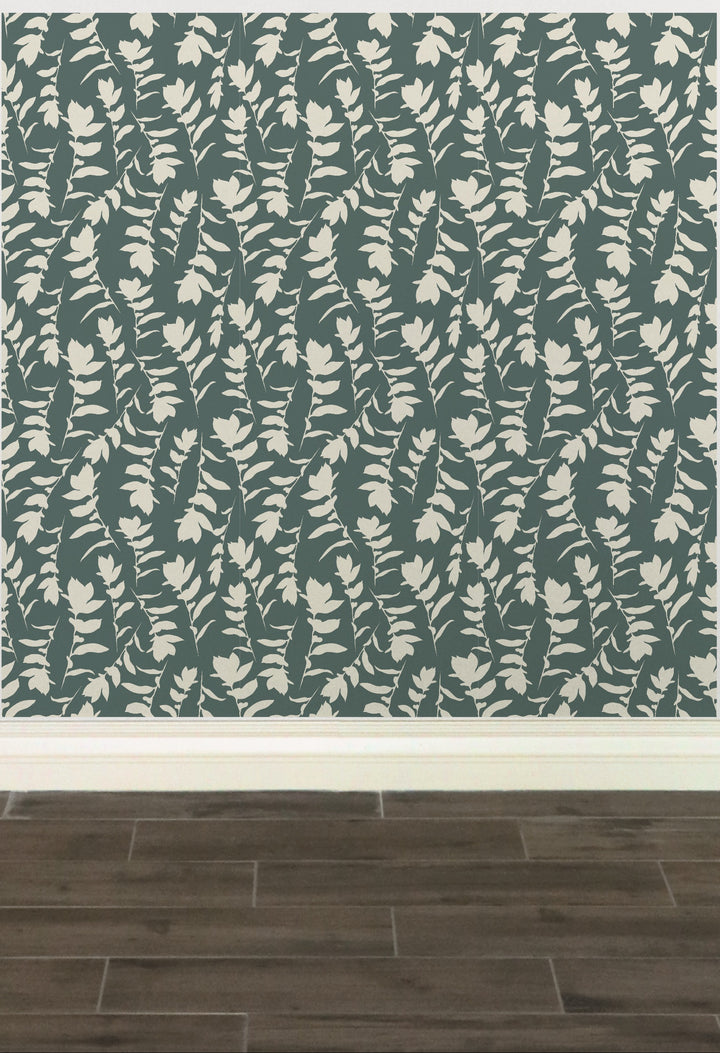 Teal Gray & Cream Carla's Leaves Peel and Stick Wallpaper