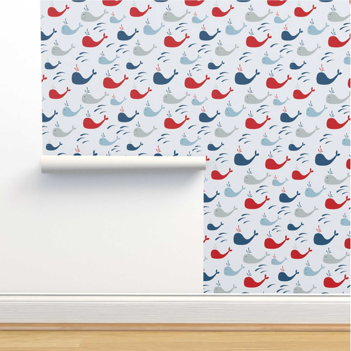 Blue and Red Whales Nautical Peel and Stick Wallpaper