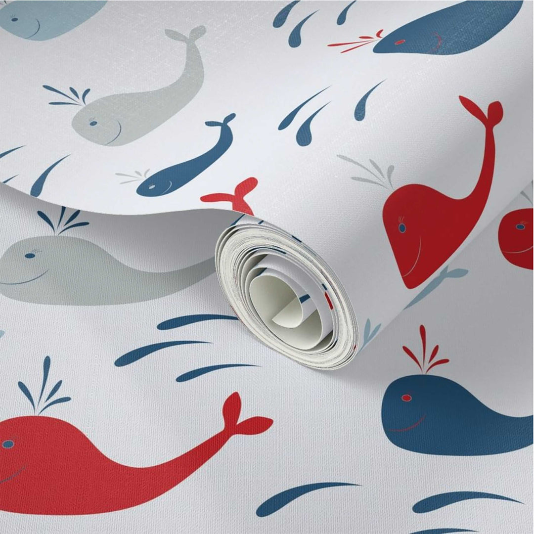 Blue and Red Whales Nautical Peel and Stick Wallpaper