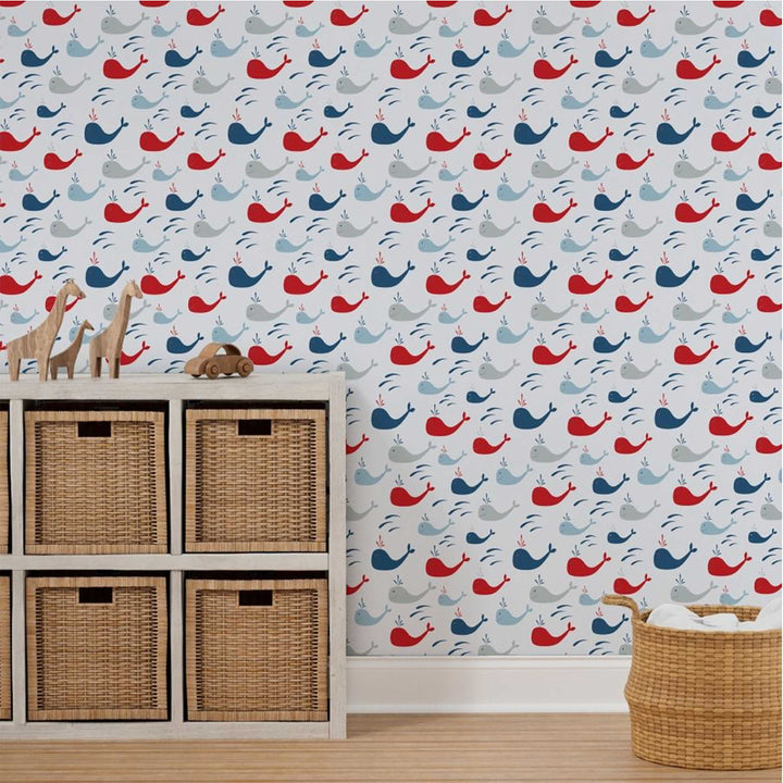 Blue and Red Whales Nautical Peel and Stick Wallpaper