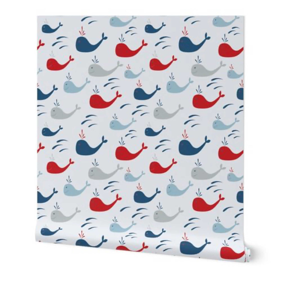 Blue and Red Whales Nautical Peel and Stick Wallpaper
