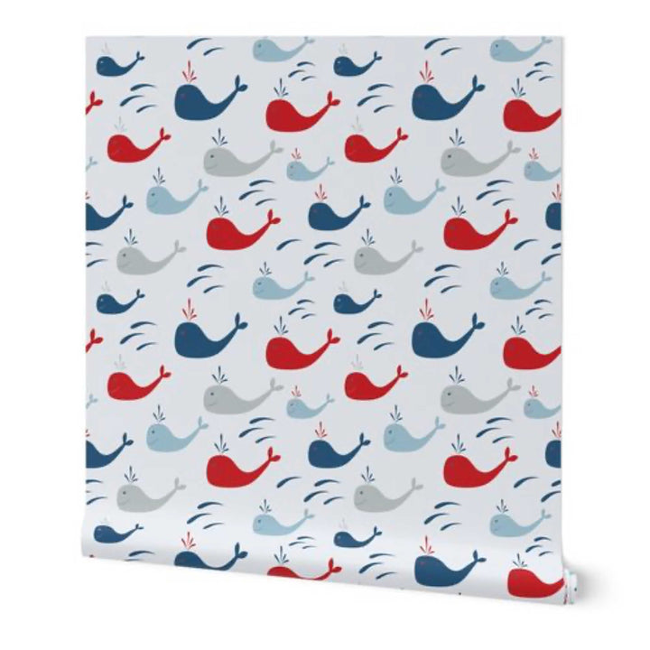 Blue and Red Whales Nautical Peel and Stick Wallpaper