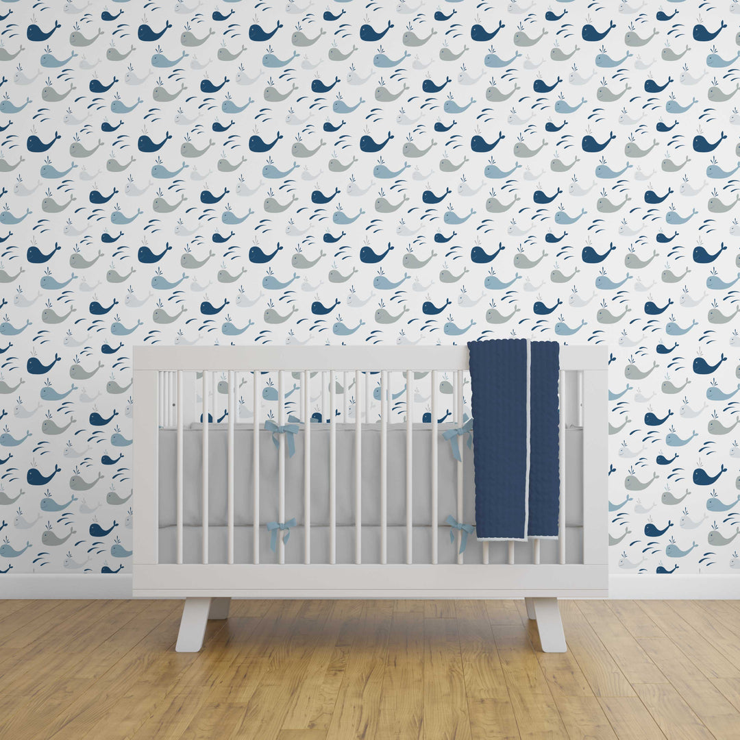 White and Blue Whales Nautical Peel and Stick Wallpaper