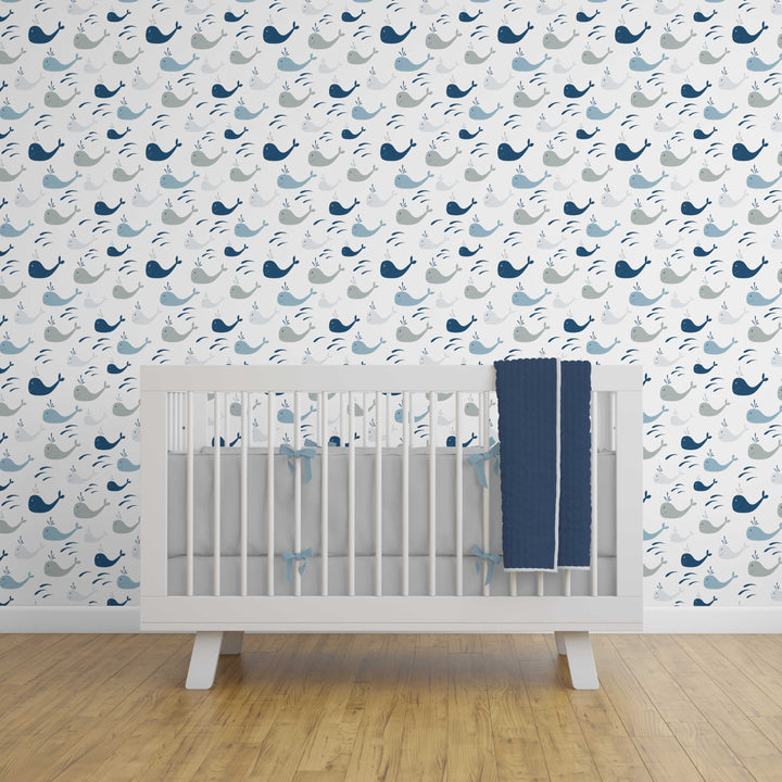 White and Blue Whales Nautical Peel and Stick Wallpaper