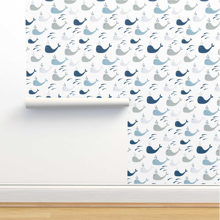 White and Blue Whales Nautical Peel and Stick Wallpaper