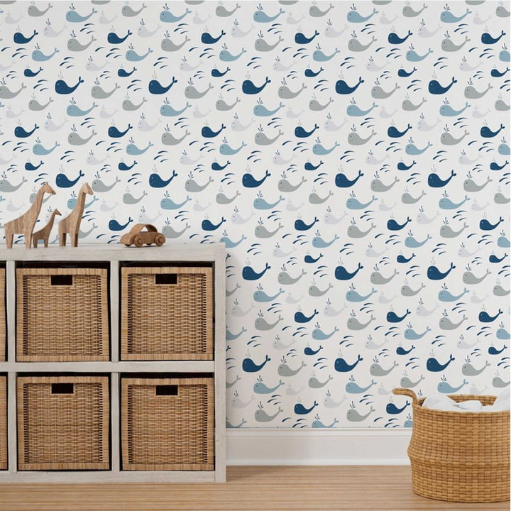 White and Blue Whales Nautical Peel and Stick Wallpaper