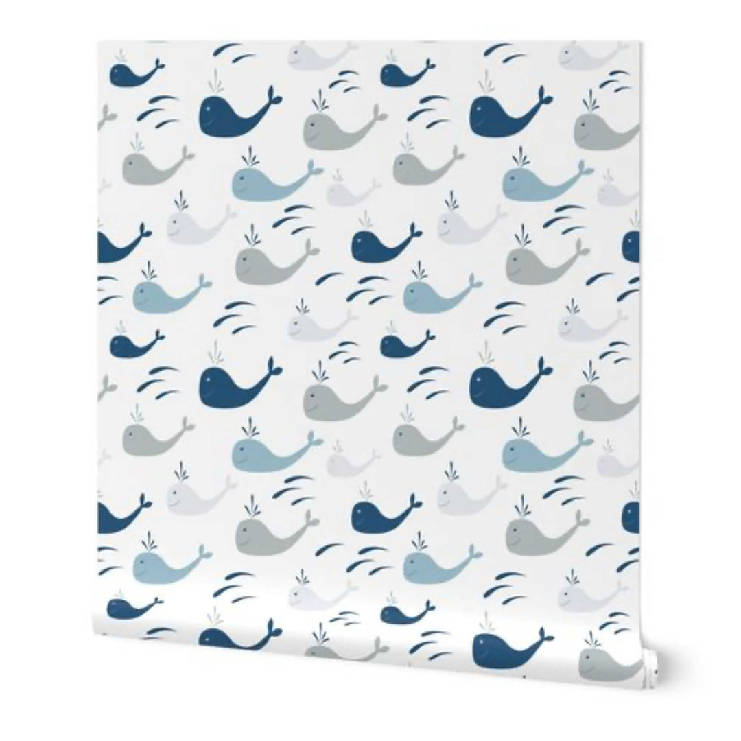 White and Blue Whales Nautical Peel and Stick Wallpaper
