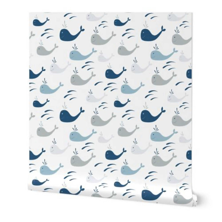White and Blue Whales Nautical Peel and Stick Wallpaper