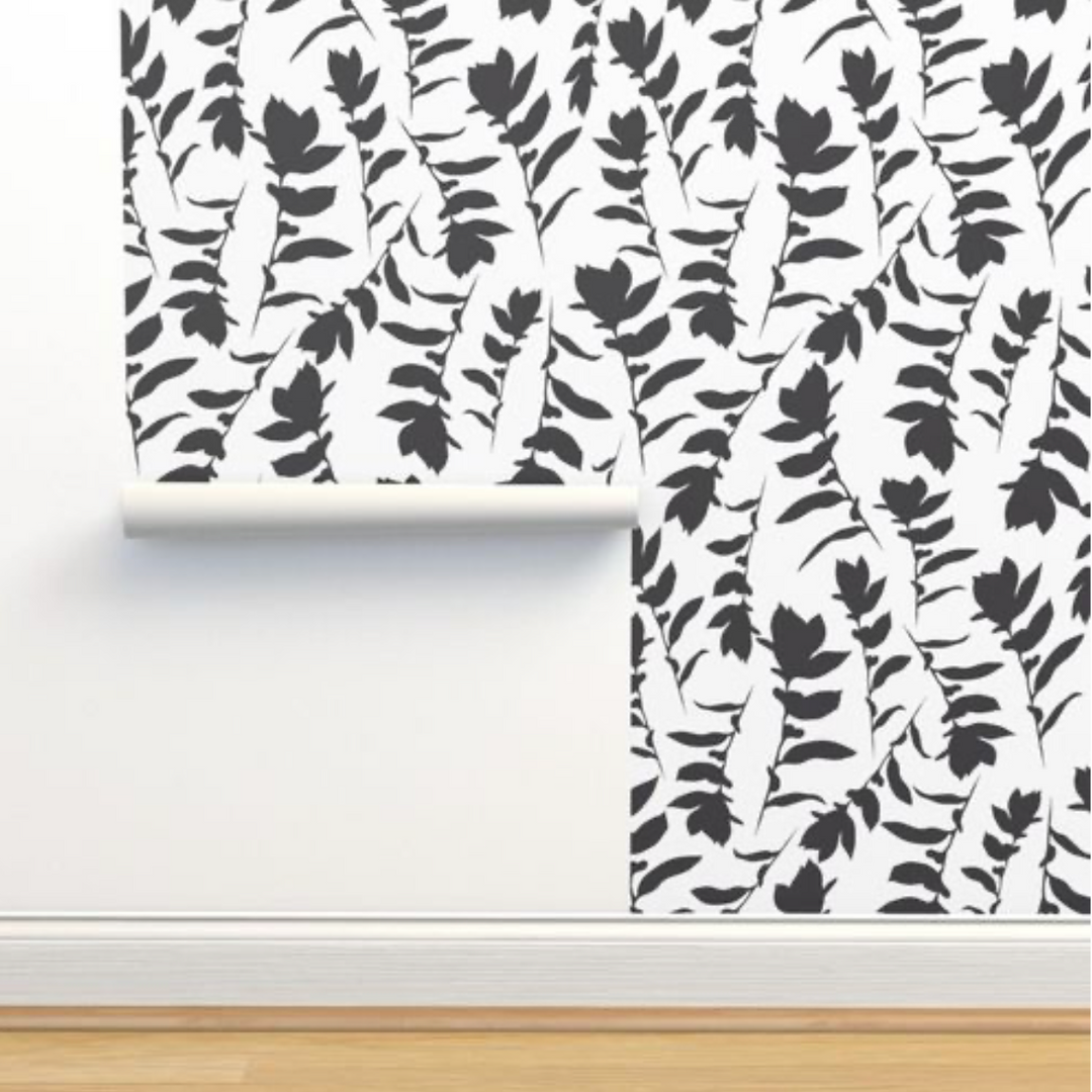 White & Black Carla's Leaves Peel and Stick Wallpaper