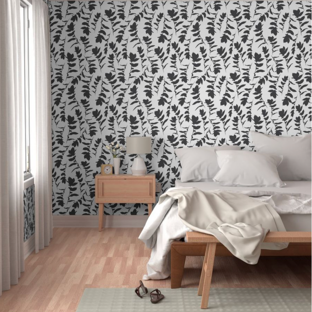 White & Black Carla's Leaves Peel and Stick Wallpaper